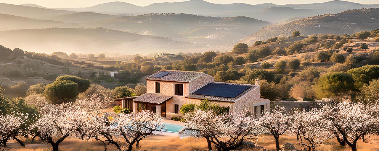 Finca ecológica entre almendros y colinas de Mallorca al amanecer, con paneles solares integrados en el entorno