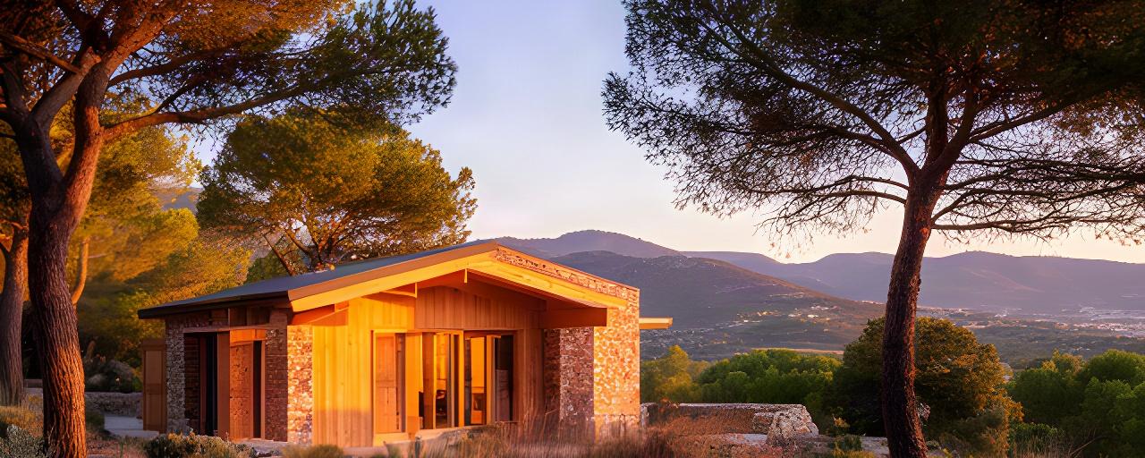 Cabaña ecológica de madera al atardecer, rodeada de pinos y vegetación mediterránea